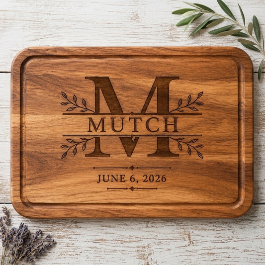 Leaf & Monogram Personalized Wedding Cutting Board