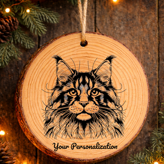 Maine Coon Cat Rustic Pine Wooden Round Ornament