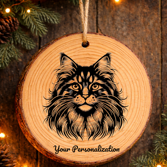 Manx Longhair Cat Rustic Pine Wooden Round Ornament