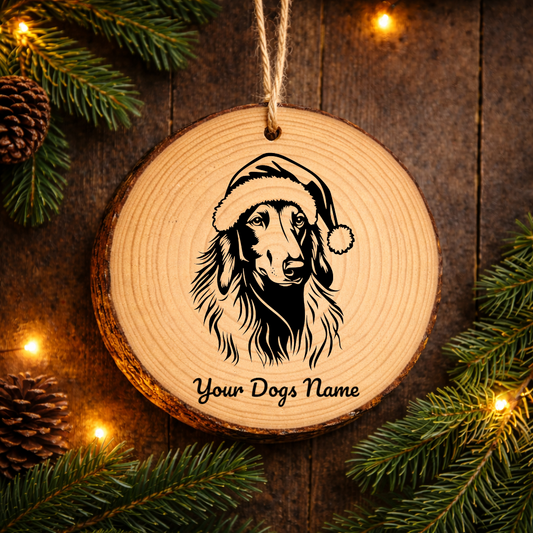Borzoi Santa Hat Dog Rustic Pine Christmas Ornament