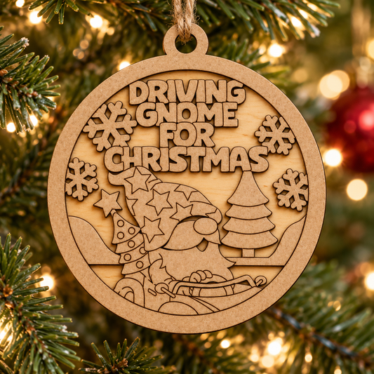Driving Gnome for the Holidays 2-Layer Laser Cut Ornament
