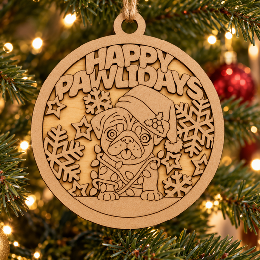 Happy Pawlidays 2-Layer Laser Engraved Ornament